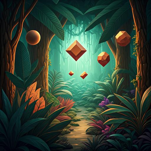 Vibrant 3D jungle with floating geometric shapes