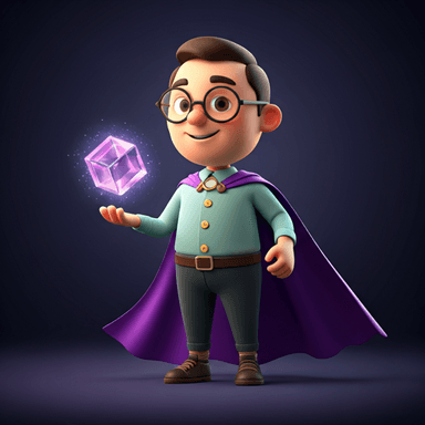 A friendly 3D cartoon teacher character with purple cape